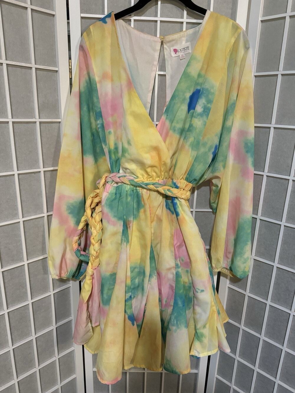 Women’s Tie Dye Pastel Short Dress with Belt Spring Summer Casual Party Size 1X
